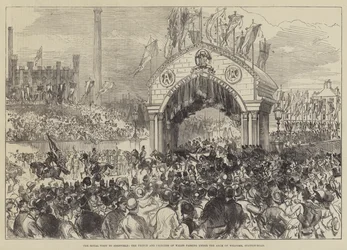 Het Koninklijk Bezoek aan Sheffield, Prins en Prinses van Wales onder de Welkomstboog, Station-Road